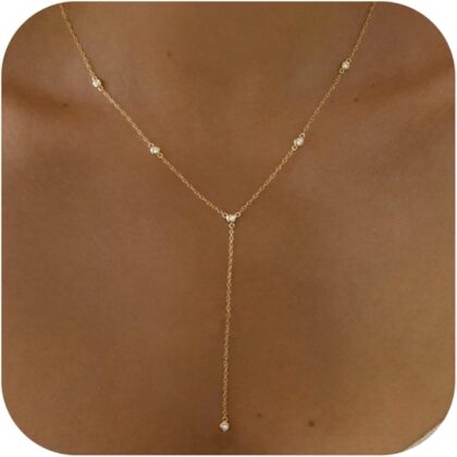 Gold Necklace for Women, Dainty Gold Long Necklaces 14k Gold Plated Prom Bar CZ Lariat Necklace Simple Choker Necklaces for Women Trendy Boho Fashion Costume Jewelry Womens