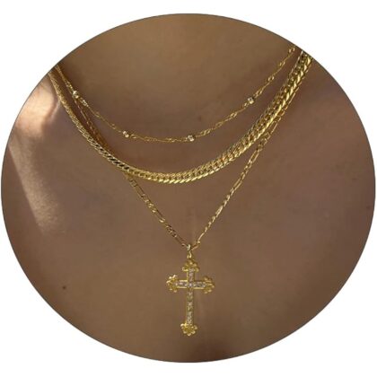 Cross Necklace for Women 14K Gold Plated Dainty Heart Cross Pendant Choker Simple Trendy Cute Cross Charm Diamond Necklace Faith Jewelry Religious Minimalist Gift