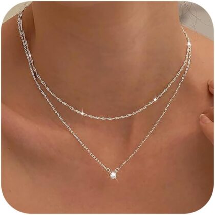Tewiky Cubic Zirconia Silver Necklaces for Women, Dainty S925 Sterling Silver Choker Necklace Simple CZ Jewelry Necklaces for Women Trendy Gifts