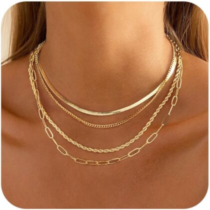 Gold/Silver Necklaces Stack For Women,14K Gold/Sterling Silver Plated Simple Layered Choker Necklaces For Women,Stackable Multilayer Pearl Cross Disc Circle Pendant Cuban Herringbone Snake Paperclip Chain Necklaces Set Jewelry Gift for Women