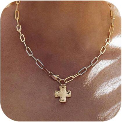 Chunky Cross Necklace for Women Trendy 14K Gold Silver Layered Statement Cross Pendant Charm Necklace Vintage Paperclip Herringbone Snake Choker Chain Costume Jewelry Set Gift Non Tarnish