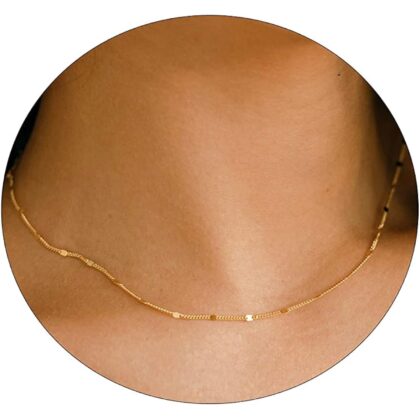 BERISO 14K Gold/Silver Plated Choker Necklace for Women Shining Dots Station Gold Chain Necklace Beads Sparkle Chain Necklace Link Chain Exquisite Jewelry for women