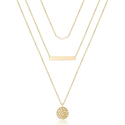 Turandoss Dainty Layered Choker Necklace, Handmade Y Pendant Necklace Multilayer Bar Disc Necklace Adjustable Layering Choker Necklaces for Women