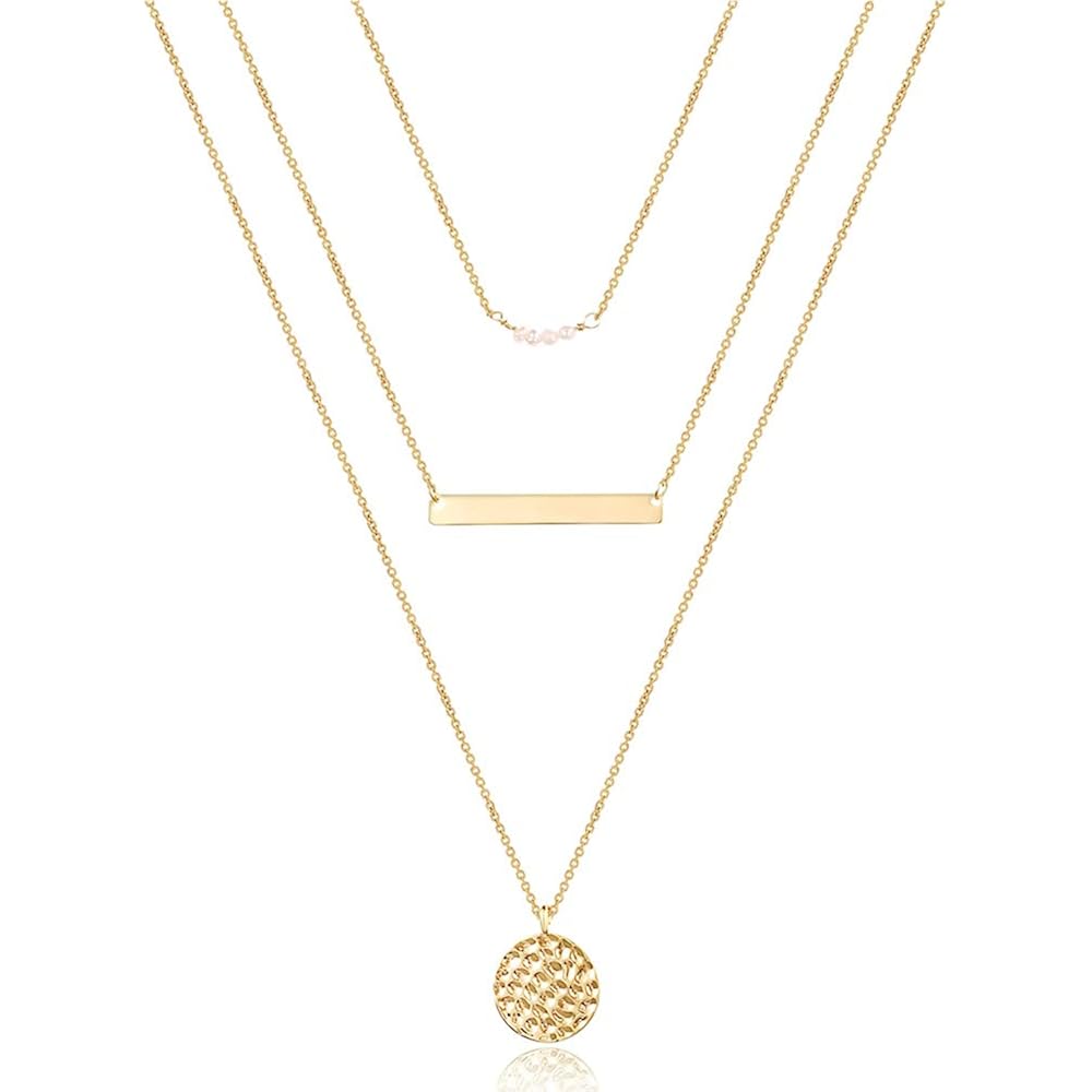 Turandoss Dainty Layered Choker Necklace, Handmade Y Pendant Necklace Multilayer Bar Disc Necklace Adjustable Layering Choker Necklaces for Women