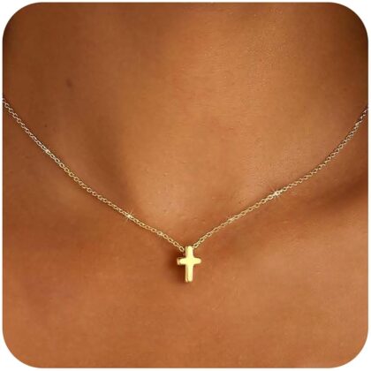 M MOOHAM Cross Necklace for Women - Dainty Cute Bubble 3D Cross Pendant Necklace Sideways Cross Choker Layered 14K Real Gold Plated Cross Necklace Gifts for Women Girls