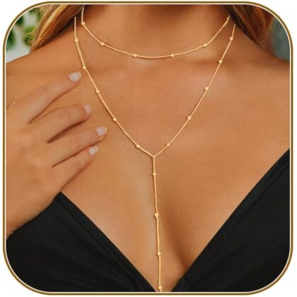 Lariat Gold Necklace for Women, Dainty Long Necklace 14k Gold Plated/Silver Y-Shaped Layered Beaded Chain Drop Necklaces for Women Trendy Simple Gold Jewelry for Women Gifts
