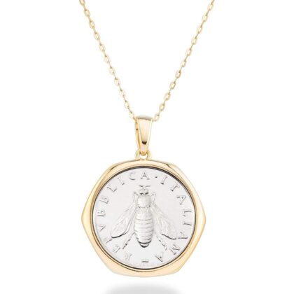Miabella Italian 18K Gold Plated 925 Sterling Silver Genuine 2-Lira Bee Coin Medallion Pendant Necklace for Women 18 Inch Chain, Made in Italy