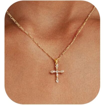 Cross Necklace for Women,Double Cross Necklace 14K Gold Plated Cross Pendant Necklace Dainty Gold Cross Necklaces for Women Trendy Small Cross Charm Necklace Simple Cute Choker Necklaces Gold Jewery