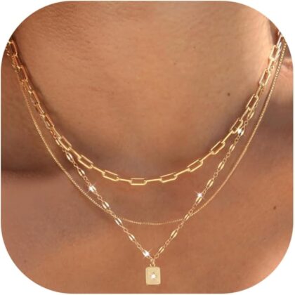YEEZII Layered Gold Necklaces for Women Trendy, 3 Pcs 14K Gold Plated Choker Paperclip Box Chain Necklace, Stackable Women's Gold Pendant Necklaces Jewelry Set