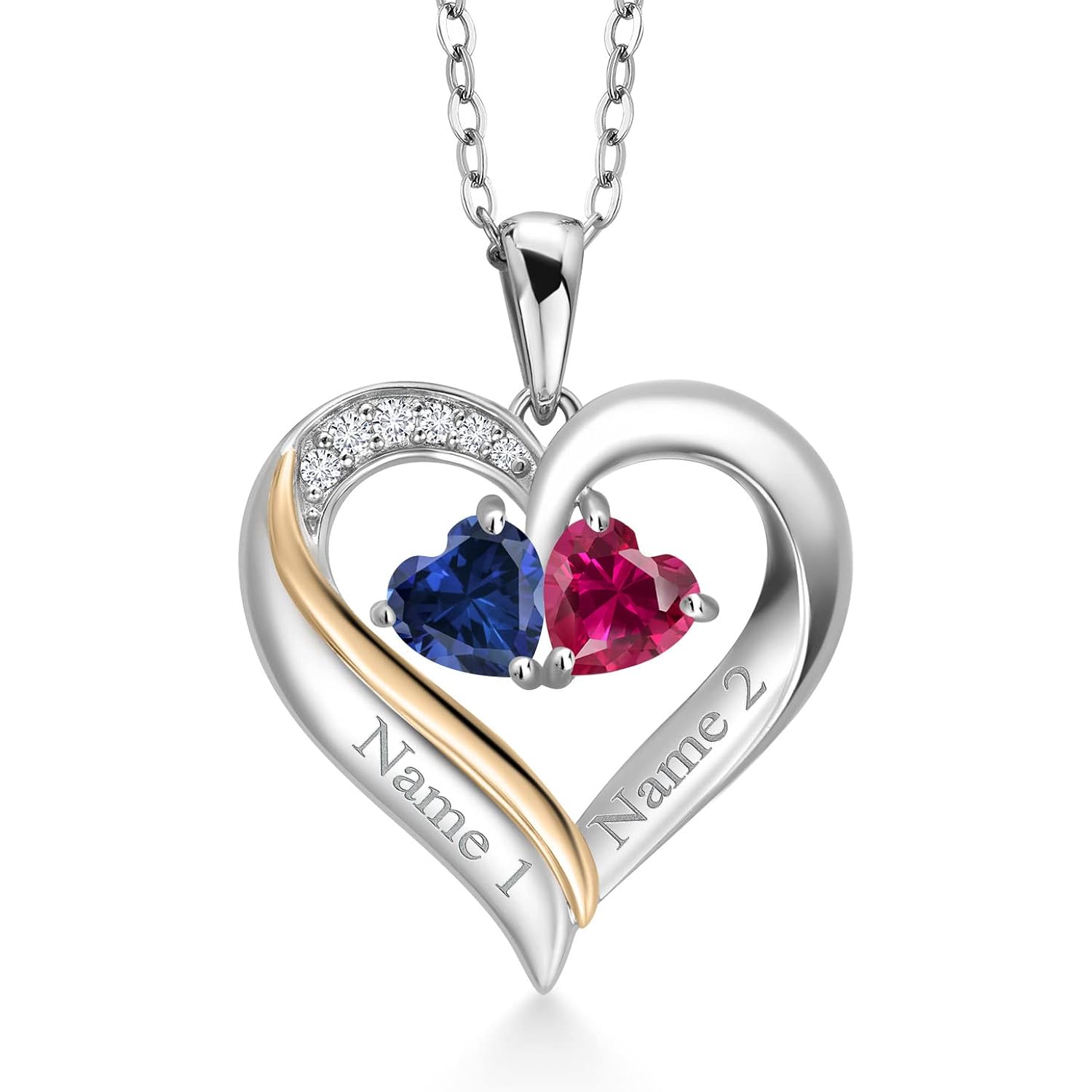 2-Heart Couple Name Engraved Pendant Necklace For Women | 925 Sterling Silver and 10K Yellow Gold | Customized and Personalized | Gemstone Birthstone and Lab Grown Diamond | 18 Inch Silver Chain