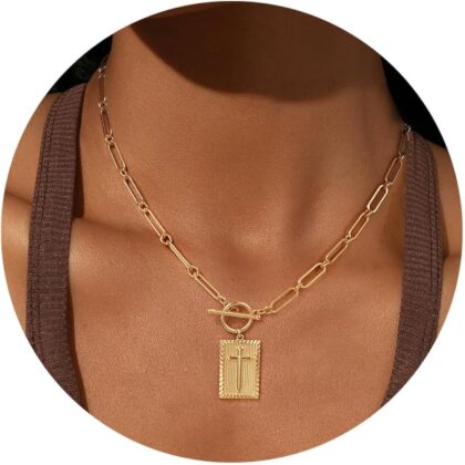 Gold and Silver Plated Cross Pendant Necklace for Women, Toggle Clasp Rectangle Cross Charm Necklace, Dainty Paperclip Chain Religious Jewelry Gift for Christian Faith, Baptism, First Communion