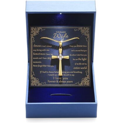 Gold Moissanite Cross Necklace for Women Wife in Light-Up Gift Box,Love Card - Women Anniversary Birthday Gifts Ideas for Wife Her Girlfriend, Christian Cross Chain Jewelry(18K Real Gold Filled)