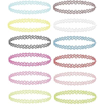 BodyJ4You 12PC Tattoo Choker Necklace - 90s Accessories 2000s Jewelry Y2K Fashion Vintage Trendy - Rainbow Goth Black Pink Green Blue White - Adjustable Stretchy Elastic Necklace Summer Vacation Set