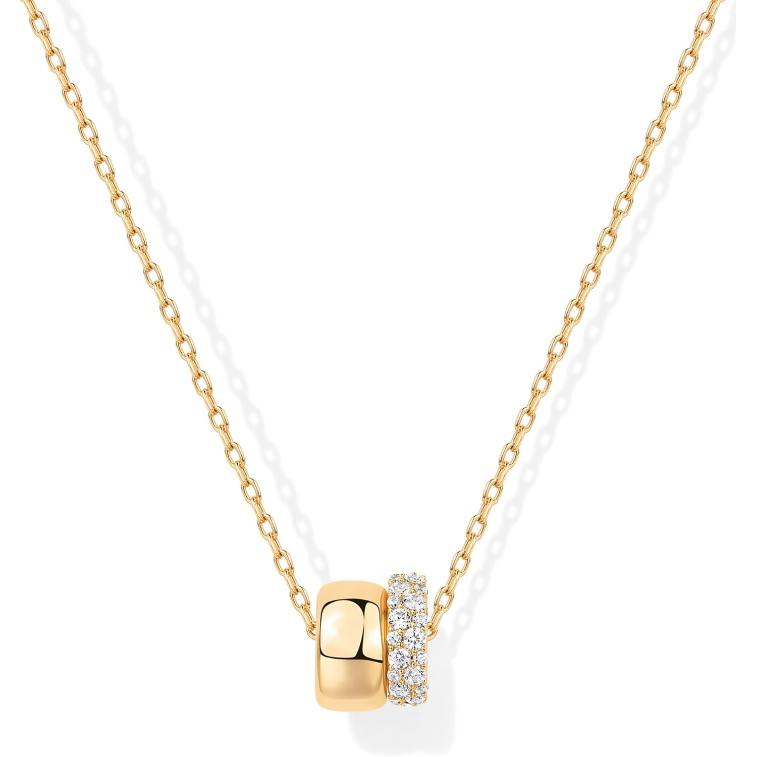 PAVOI 14K Gold Plated Pendant Necklace for Women | Two Distinct Rondelle Pendants with Cubic Zirconia | Sliding Chain Pendant | Trendy Fashion Jewelry