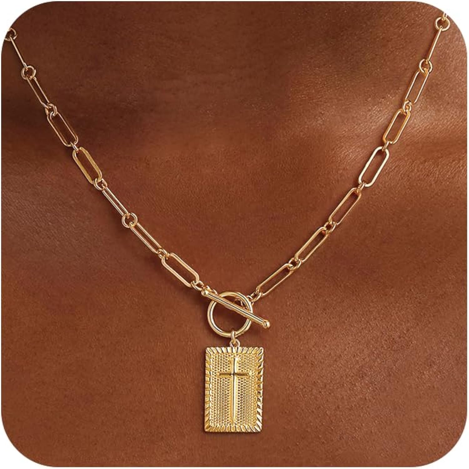 Moodear Cross Necklace for Women Trendy Chunky 14K Gold Plated/Silver Plated Cross Pendant Necklace Toggle Clasp Paperclip Chain Dainty Charm Necklace for Women Fashion Religious Simple Jewelry Gift