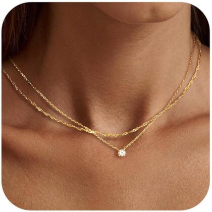 Tewiky Dainty 14k Gold Plated/Silver Cubic Zirconia Necklaces for Women, Simple CZ Jewelry Necklaces Trendy Gifts
