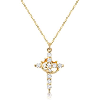 Upgraded Crown Cross Necklace for Women,14K Gold Plated & Silver Plated Crown Cross Pendant Necklace Diamond Cross Necklaces Faith Cross Jewelry First Communion Gifts, 12-Color Birthstone Necklaces for Women