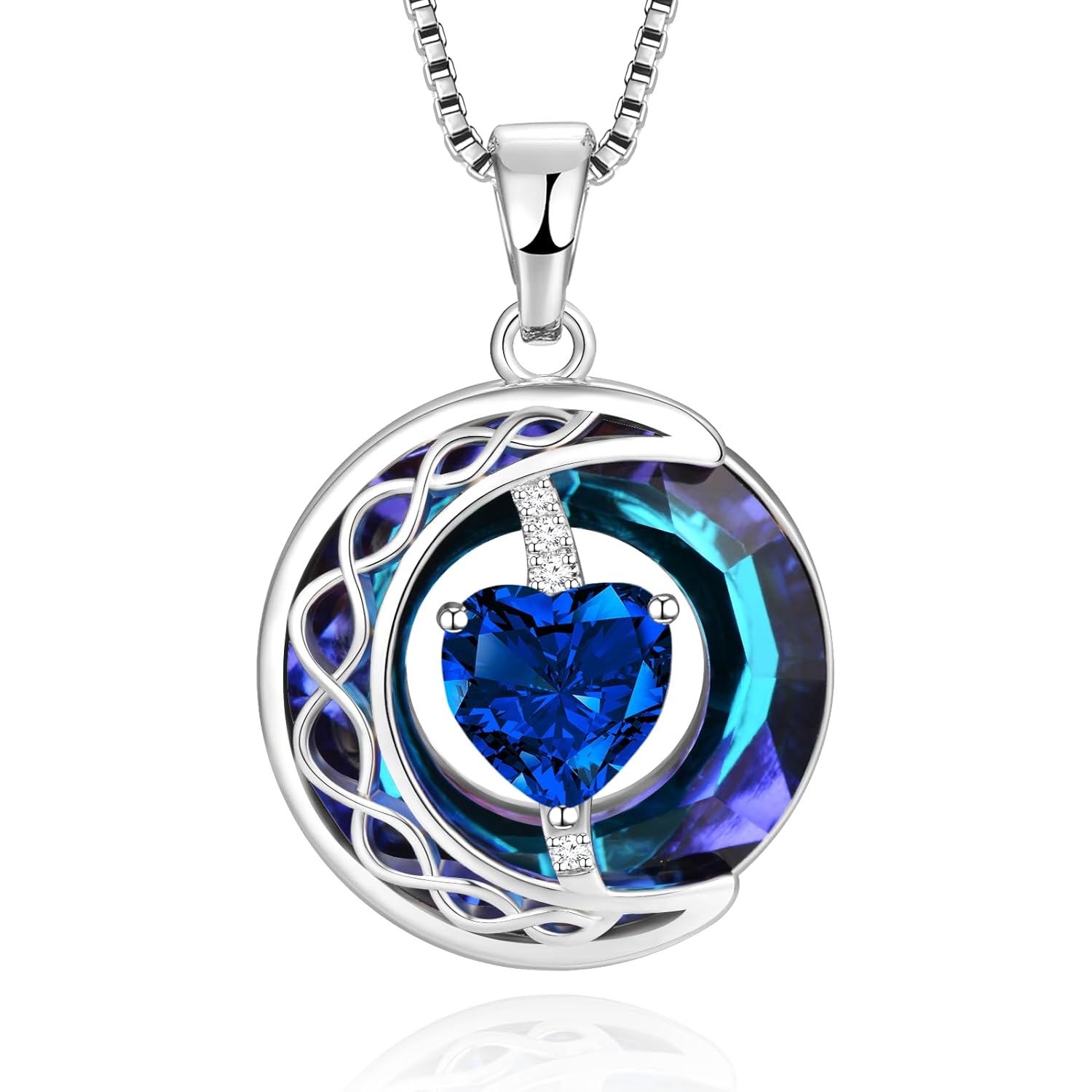 LIANYU Necklace for Womens Blue Sapphire Necklace Moon Pendant S925 Sterling Silver Crystal Jewelry for Women Pendant Birthday Gifts for Wife Gifts Valentine Anniversary