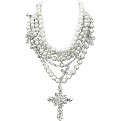 Layered Pearl Necklace Gothic Cross Pearl Stacked Necklace for Women