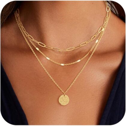 Layered Gold Necklace for Women, 14K Gold Plated Necklace Stack for Women, Dainty Adjustable Gold Necklace Set