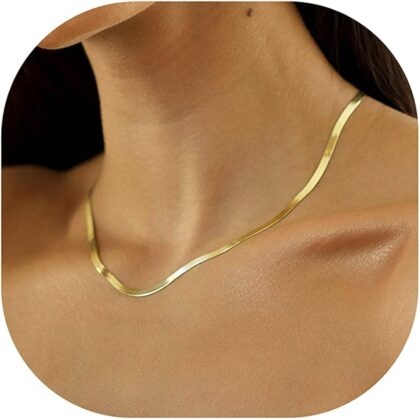 DEARMAY 14K Gold Plated Necklaces for Women, Dainty Gold Herringbone Choker Necklace Thin Layered Snake Chain Jewelry for Gifts