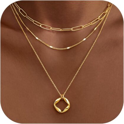Layered Gold Necklaces for Women,Stackable Dainty 14K Gold Silver Plated Trendy Circle Paperclip Chain Pendant Choker Necklace,Simpl Diamond Cross Bow Jewelry Set Gifts for Women