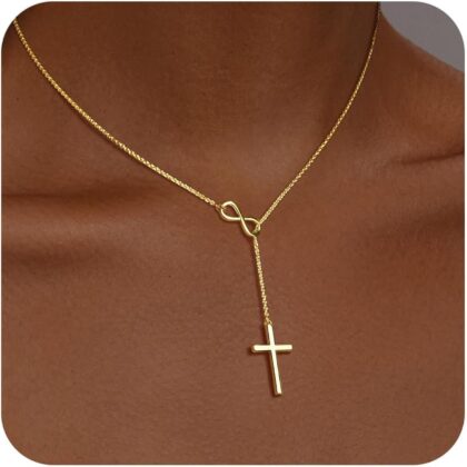 Cross Necklace for Women 14K Gold/Silver Plated Dainty Infinity Long Pendant Charm Necklace Trendy Non Tarnish Waterproof Jewelry Simple Religious Christian Baptism Faith Jewelry Gifts