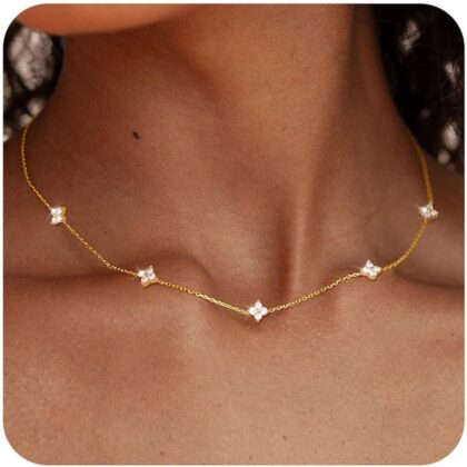 FUNEIA Dainty Silver Gold Necklaces for Women Trendy Non Tarnish 14K Gold Plated Cubic Zirconia Necklace Layered Cute Butterfly Heart Station Choker Necklace Stack for Wedding Prom Brides Jewelry