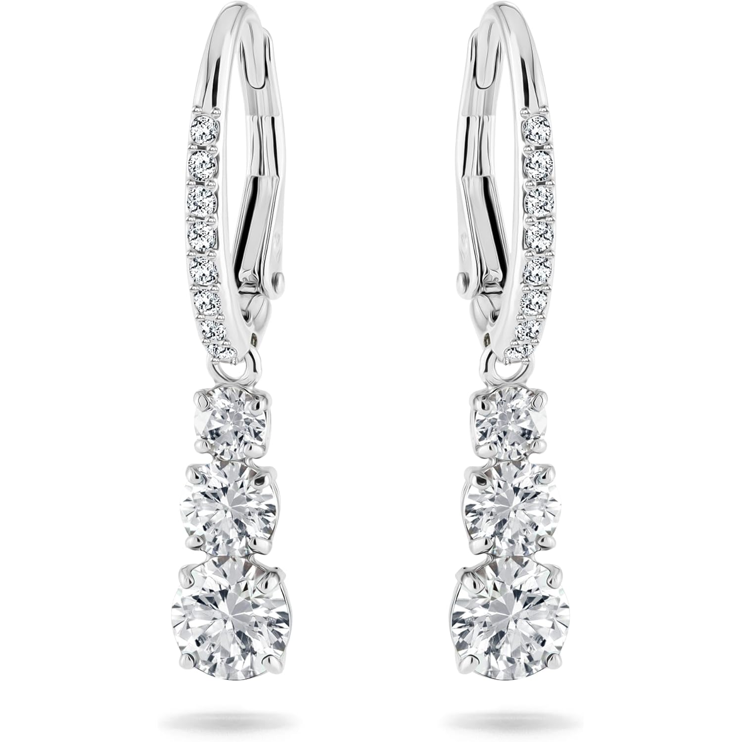 Swarovski Stilla Attract Trilogy Drop Pierced Earrings with White Crystals on a Rhodium Plated Setting with Hinged Closure