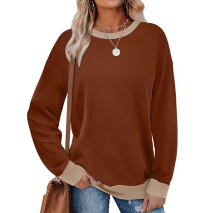 Women’s Crewneck Sweatshirt – Long Sleeve Color Block Loose Fit Top In Caramel