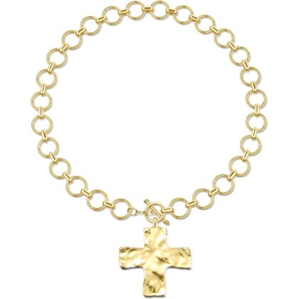 TEN MIRO 18k Chunky Gold Necklace for Women Sweatproof, Non Tarnish Chunky Cross Necklaces Thick Gold Layering Hammered Bold Necklace Stacks Toggle Necklaces for Women