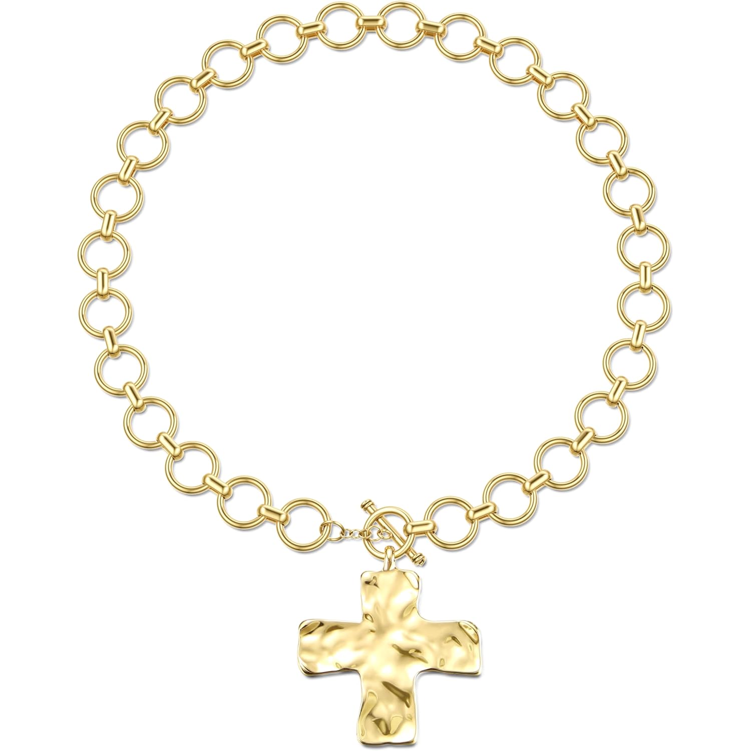 TEN MIRO 18k Chunky Gold Necklace for Women Sweatproof, Non Tarnish Chunky Cross Necklaces Thick Gold Layering Hammered Bold Necklace Stacks Toggle Necklaces for Women