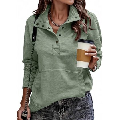 Women’s Casual Lightweight Sweatshirt – Long Sleeve Button Pullover Top In Green