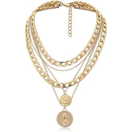MJartoria Layered Necklaces for Women Trendy Retro Coin Pendant Necklace Dainty Chunky Chain Choker Necklaces for Jewelry Birthday Gifts