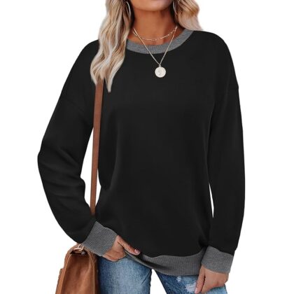 Women’s Crewneck Sweatshirt – Long Sleeve Color Block Loose Fit Top
