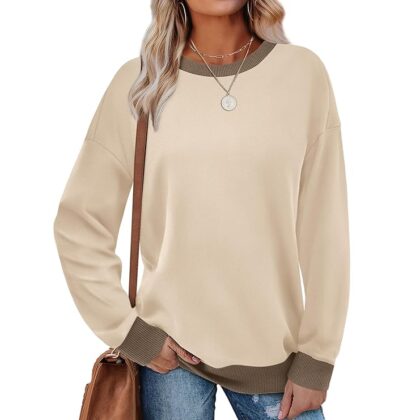 Women’s Crewneck Sweatshirt – Long Sleeve Color Block Loose Fit Top In Khaki