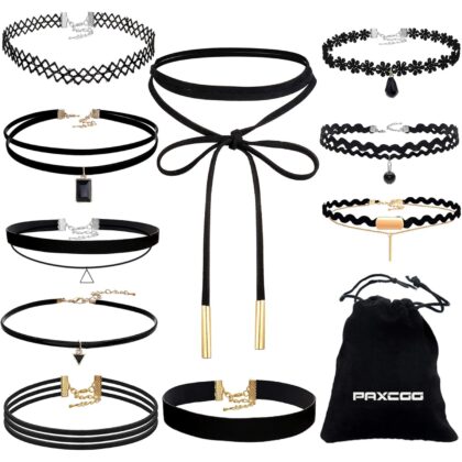 PAXCOO 10PCS Black Velvet Choker Necklaces with A Stroage Bag for Women