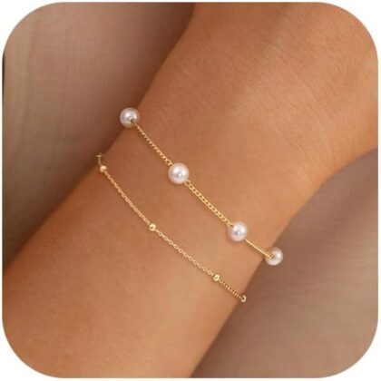 14k Gold Plated Pearl Bracelets for Women,Dainty Bracelets Stack Pearls Beaded Link Chain Charm Bracelets Set Layered Non Tarnish Tiny Jewelry for Women