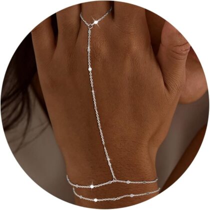 Moodear Sterling Silver Dainty Ring Bracelet Hand Chain for Women - 14K Gold Plated/Sterling Silver Layered Adjustable Satellite Bead Paperclip Dot CZ Link Hand Chain Bracelets Non Tarnish Trendy Jewelry Gift