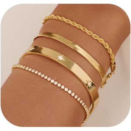 Gold Bracelets for Women 14K Gold Plated Stack Trend Bracelets Charm Paperclip Chain Cuban Link Layered Waterproof Bracelet Dainty Bracelet for Women Jewelry Gifts