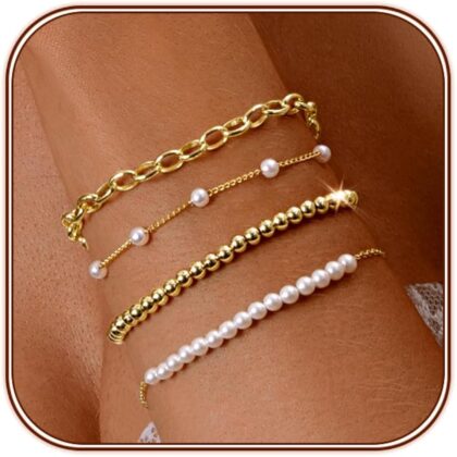 Zeffy Gold Pearl Beaded Bracelet for Women, 14K Gold Plated Jewelry Set With Paperclip Link Chain, Trendy Stack Bracelets