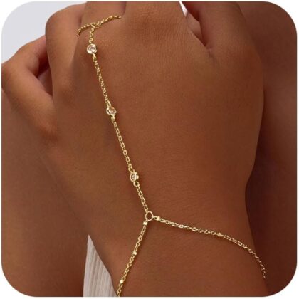 Bracelets for Women,14K Gold/Silver Plated Dainty Hand Chain Bracelets Trendy Ring Bracelet Charm Gold Cuff Bangle Stackable Bracelets Jewelry Adjustable 7"+2"