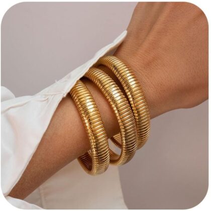 Gold Bangles for Women Set of 3 Chunky Stretch Bangles Bracelets 24K Gold Plated Stainless Steel Bracelets Flexible Wide Stack Bracelets Designer Look Alike Jewelry for Women