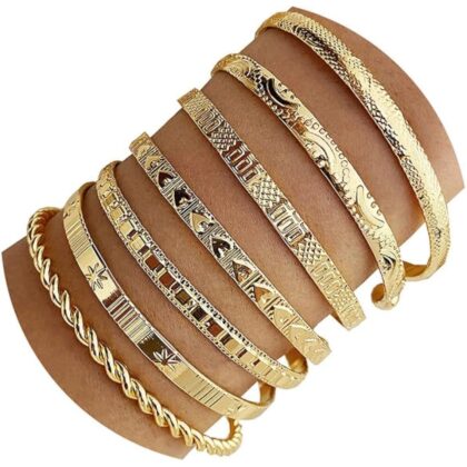 IFKM Gold Bangle Bracelets For Women, 14k Gold Plated Multi Layer Stackable Cuff Bracelet Set, Trendy Elegance Charms Non Tarnish Minimalist Textured Boho Jewelry Gift for Women