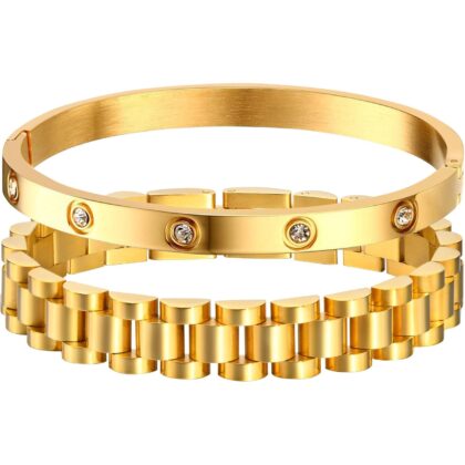 MPRAINBOW 2pcs 18K Gold Plated Chain Link Bracelet, Stainless Steel Crystal Friendship Bracelets Bangle,Watch Band Chains Wristband Jewelry with Adjust Tool