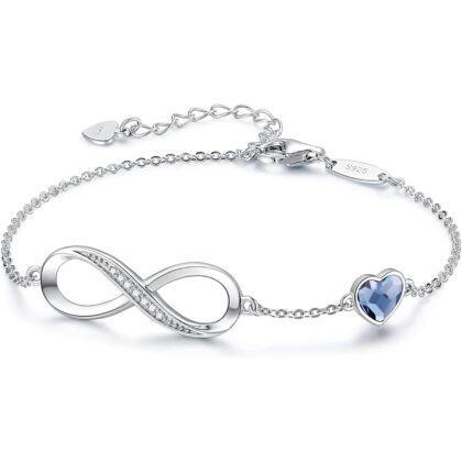 CDE Infinity Heart Birthstone Charm Link Bracelet for Women 925 Sterling Silver Adjustable Mother's Day Gift Anniversary Birthday Jewelry for Wife Girlfriend Her