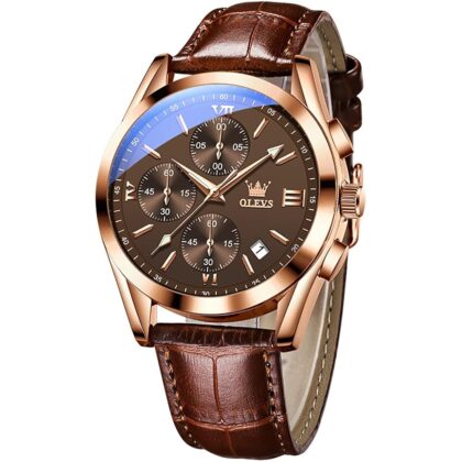 OLEVS Men's Casual Leather Watch, Big Face Chronograph Watch for Men, Fashion Easy to Read Dress Watch, Men's Waterproof Luminous Date Analog Watch, Gold/Black/White/Blue Dial