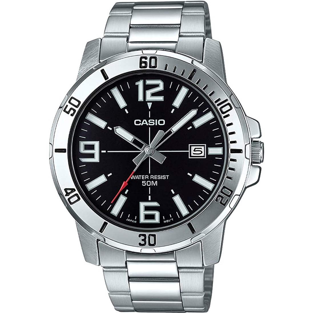 Casio MTP-VD01D-1BV Men's Enticer Stainless Steel Black Dial Casual Analog Sporty Watch, Silver, 48×42×10.7mm, Quartz Movement