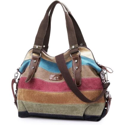 Canvas Handbag Multi-Color Striped Lattice Cross Body Shoulder Purse Bag Tote-Handbag for Women