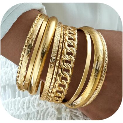 ÌF ME Gold Bangle Bracelets for Women, Indian Bangles Stackable Set, Multi Layer Textured 14K Gold Plated Chunky Bracelets Boho Jewelrys Set